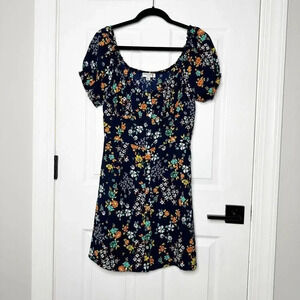 BRAVE SOUL LONDON Womens Large Navy Ditsy Floral Button Front Mini Dress